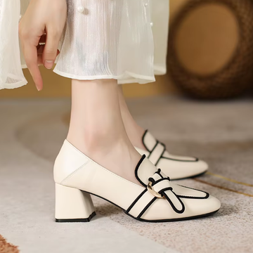 Xajzpa - Colorblock Chain Decor Square Toe Chunky Heels